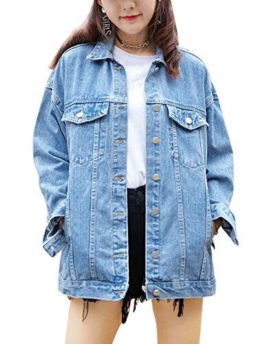 Omoone Women's Oversized Mid Long Denim Jacket Jean Biker Coat(0199-Denim Blue-L)