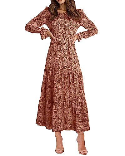 BTFBM Women Casual Long Sleeve Crew Neck Fall Dress Bohemian Relaxed Fit Floral Flowy Maxi Dresses Tiered Cocktail Dress（Floral Brown, X-Large