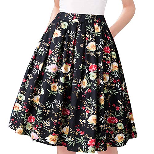 Taydey A-Line Pleated Vintage Skirts for Women (S, Small Yellow Flower)