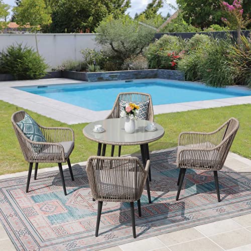 JOIVI 5 Piece Outdoor Dining Set, Wicker Patio Furniture Dining Table and Chairs Set with Cushions for 4 People, Tempered Glass Tabletop with 2.16” Umbrella Hole, for Lawn, Backyard, Garden