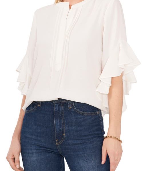 Vince Camuto Ruffle Sleeve Split Neck Blouse in New Ivory at Nordstrom, Size Small