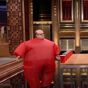 Jimmy Fallon Challenges Danny DeVito to Hilarious Game of Inflatable Flip Cup