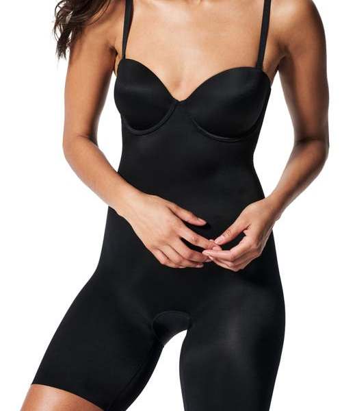 SPANX® Suit Your Fancy Strapless Cupped Mid Thigh Bodysuit in Very Black at Nordstrom, Size X-Small