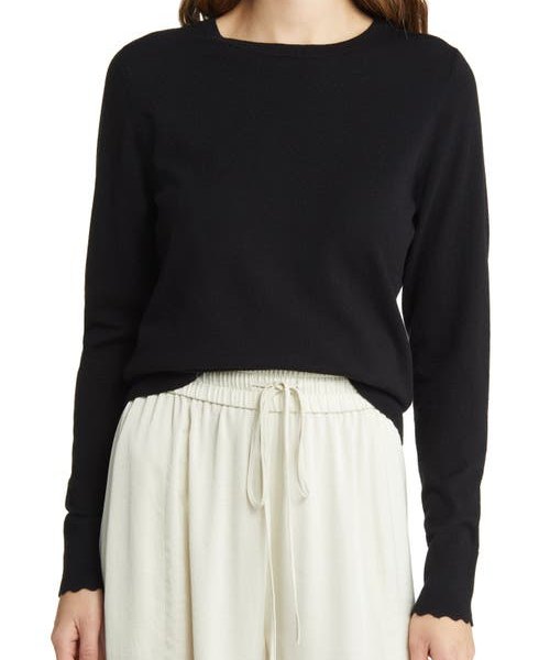 Nordstrom Scallop Cuff Crewneck Sweater in Black at Nordstrom, Size Xx-Small