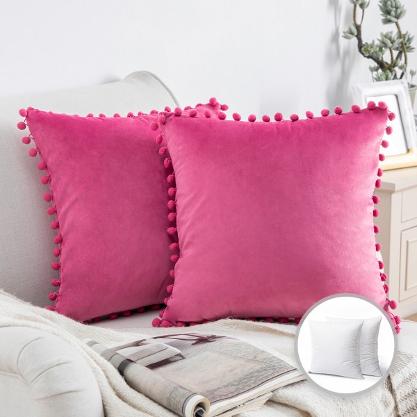 Phantoscope Throw Pillow with Insert,Silky Velvet Series Pom Pom Decorative pillow 20 x 20 Pink 2 Pack