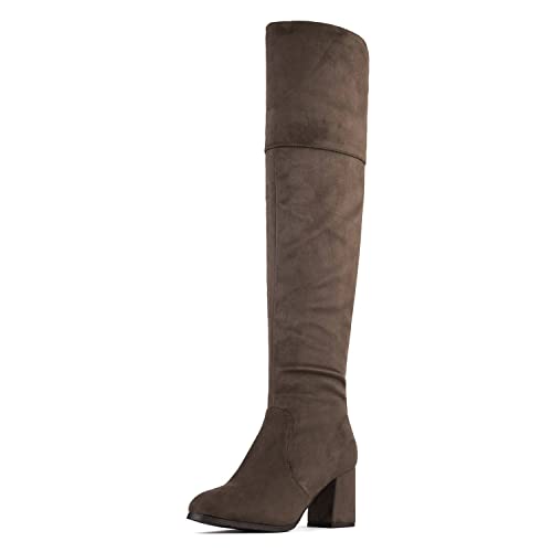 DREAM PAIRS Women's Stretch_High Khaki Thigh High Block Heel Over The Knee Boots Size 9 B(M) US