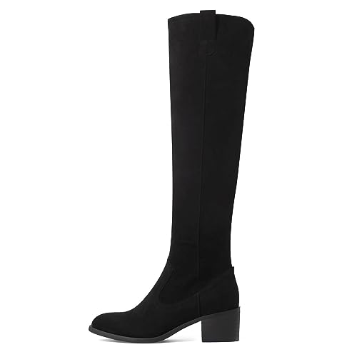 Shoe'N Tale Women's Over The Knee Thigh High Chunky Heel Pointed Toe Faux Suede Side Zipper Fall Weather Winter Boots