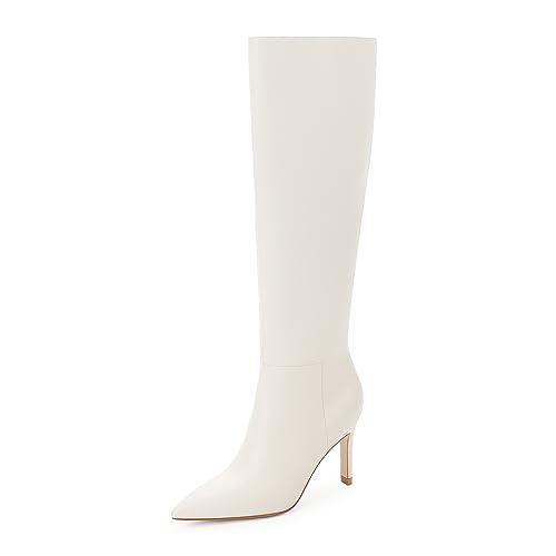 Easyfox White Knee High Boots for Women White Tall Boots Pointed Toe Tall Boots Stiletto High Heel Long Boots Side Zipper Size 8.5