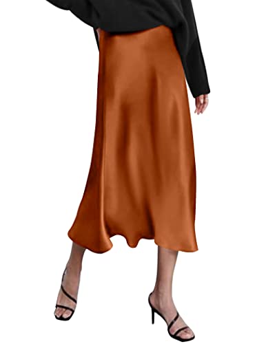 Zeagoo Satin Skirt for Women Midi Summer Solid Skirts Party Dresses Elegant Dark Brown