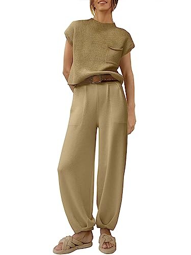 Caracilia Womens Two 2 Piece Outfits Lounge Sets 2023 Casual Fall Summer Fashion Matching Sweater Set Classy Comfy Sweatsuit Casual Cozy Knit Loungewear Set Airport Clothes ClothingC95A3shenkaqi-S