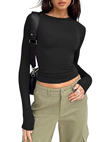 Trendy Queen Long Sleeve Shirts for Women Crop Tops Fall Fashion 2023 Outfits Basic Workout Sexy Crewneck Going Out Shirts Cute Slim Fit Copped Y2K Clothing Gothic Clothes Black