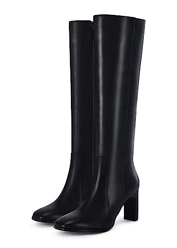 Coutgo Womens Knee High Boots Square Toe Chunky Heel Fashion Comfortable Shoes with Side Zipper, Black, Size 7