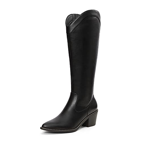 DREAM PAIRS Women's Knee High Boots, Cowgirl Riding Western Shoes with Pointed Toe, Dkb212, Black Pu, Size 6.5