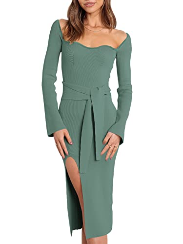 ANRABESS 2023 Fall Long Sleeve Sweetheart Neck Ribbed Knitted Tie Waist Sexy Slim Fit Wedding Guest Party Bodycon Winter Knitted Midi Sweater Dresses with Slit 612guanghuilv-S Gray Green