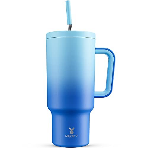 Meoky 40oz Tumbler with Handle, Leak-proof Lid and Straw, Insulated Coffee Mug Stainless Steel Travel Mug, Keeps Cold for 34 Hours or Hot for 10 Hours (Sky)