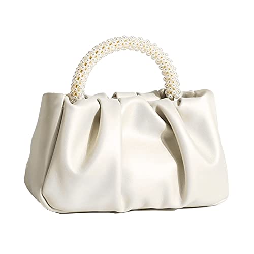 Beatfull Evening Purse Women Pearl Handbags Soft Leather Ruched Bag Bridal Clutch for Wedding Party Prom Crossbody Purses White