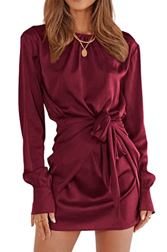 PRETTYGARDEN Women's 2023 Fall Satin Dress Long Sleeve Tie Waist Elegant Cocktail Party Mini Dresses (Wine Red,Medium)