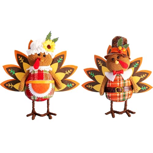 Thanksgiving Decorations Fall Gnome Decor: 2 Pcs Handmade Turkey Tomtes Plush Ornaments with Sunflower Maple Leaves Wings - Autumn Gifts for Halloween, Tiered Tray, Home, Fireplace, Party