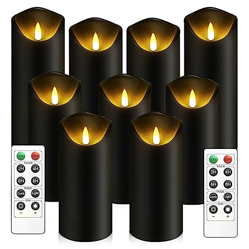 kakoya Flickering Flameless Candles, Battery Operated Acrylic LED Pillar Candles with Remote Control and Timer, Set of 9 (Black)