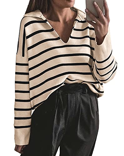 CFLONGE Women's Fall Winter Casual Breton Striped Long Sleeve Polo V Neck Pullover Sweater Loose Fit Drop Shoulder Knitted Shirts Tops(X-Large,Apricot)