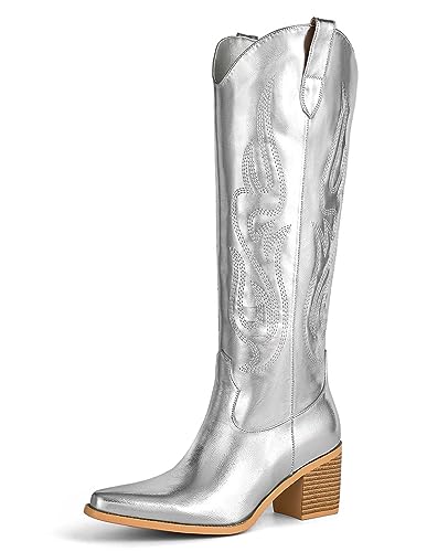 Pasuot Silver Cowboy Boots for Women - Wide Calf Cowgirl Knee High Western Metallic Boots with Embroidery, Pointed Toe Chunky Heel Retro Classic Tall Boot Pull On for Ladies Fall Winter US 8