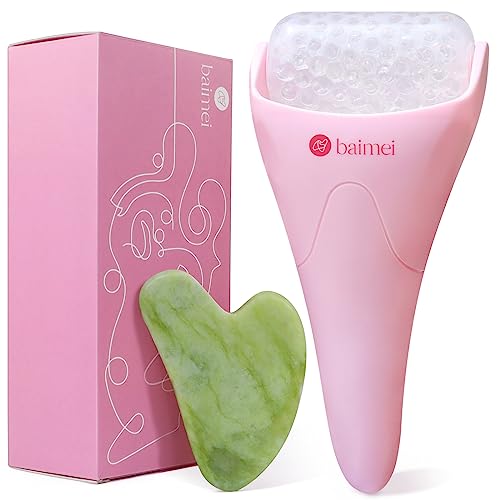 BAIMEI Ice Roller and Gua Sha Facial Tools, Skin Care Tools for face Reduces Puffiness Migraine Pain Relief, Self Care Gift for Men Women - Pink