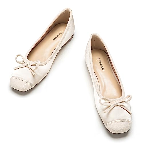 C.Paravano Round Toe Flats for Women | Silk Mixed Suede Leather Shoes for Women | Ivory Flats Shoe for Women Leather | Chic Knot Flats | Dressy Comfortable Shoes for Women (Size 9,Ivory-c)
