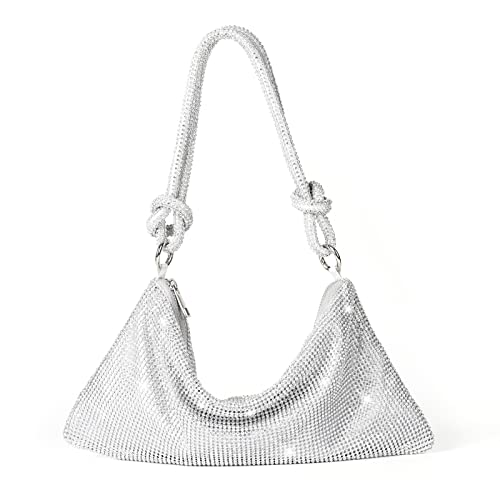 Valleycomfy Chic Rhinestone Purses for Women Sparkly Evening Handbag Bling Hobo Bag Shiny Silver Clutch Purse for Party Club Wedding Sliver