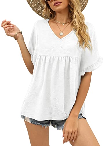 Womens Tops Summer Dressy Casual Blouses Short Sleeve Shirts White XL