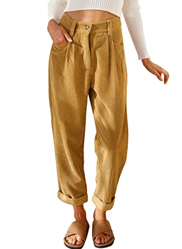 Acelitt Woman Corduroy Pants Trousers High Waisted Fashion Casual Loose Fall Straight Leg Pants Khaki Medium