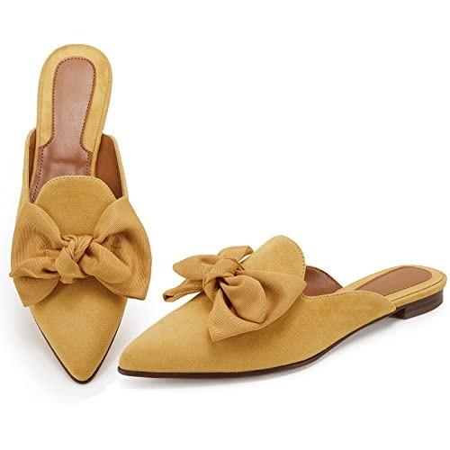 Rilista Flat Mules for Women Closed Pointed Toe Backless Mule Sandals Comfortable Slides Mules Shoes Ladies Slip-on Loafers Yellow