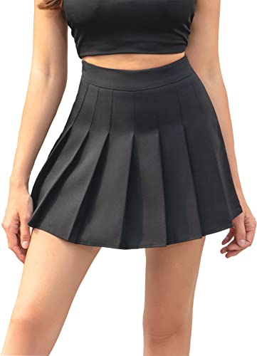 Hoerev Women Girls Short High Waist Pleated Skater Tennis Skirt,US 8,XL,Black