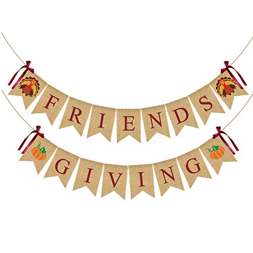 JOZON Friendsgiving Burlap Banner Thanksgiving Bunting Banner Garland with Turkey Pumpkin Sign for Thanksgiving Party Decorations Friends Giving Decor for Mantle Fireplace Wall Party Supplies