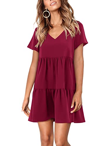 Amoretu Women's Short Sleeve Summer Dresses Loose Swing Tunic Dress Burgundy XL