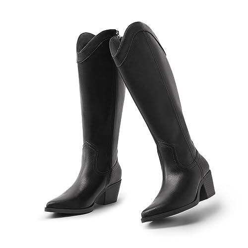 Arromic Black Cowgirl Boots for Women, Western Cowboy Boots for Women Knee High Tall Pointed Toe Pull On Zipper Chunky Heel Fashion Boots
