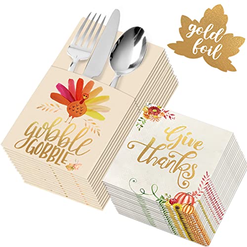 Thanksgiving Napkins - 54 Pack Gold Foil Napkins Paper w Cutlery Holders - Give Thanks Table Decorations for Autumn Fall Harvest Wedding Disposable Centerpiece Decor