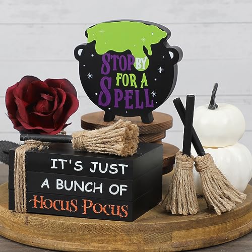 DAZONGE Hocus Pocus Halloween Decorations, 1 Set of Halloween Faux Book Stack, 1 Witches Cauldron Sign & 3 Witch Brooms for Halloween Tiered Tray Decor, Trick or Treat Decor