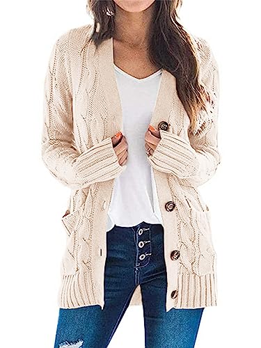 PRETTYGARDEN Women's Open Front Cardigan Sweaters Fashion Button Down Cable Knit Chunky Outwear Coats (Beige,X-Large)