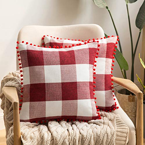 MIULEE Christmas Retro Plaid Pillow Covers Farmhouse Buffalo Check Pillow Cases with Pom-poms Decorative Throw Pillow Covers Set of 2 for Sofa Couch 18x18 Inch Red and White
