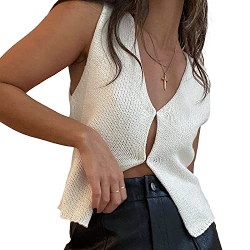 Women Y2k Button Down Crochet Knit Vest Sleeveless Hollow Out Crop Tops Vintage Casual V-Neck Versatile Streetwear (A-White,Small)