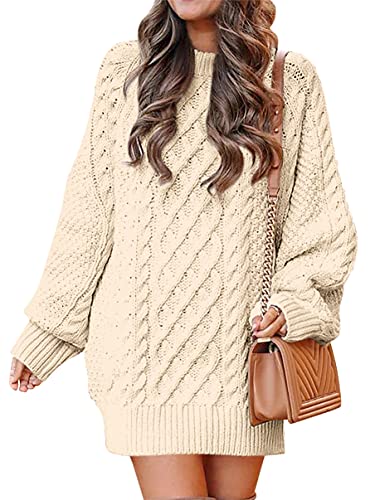 ANRABESS Women 2023 Fall Crewneck Long Sleeve Oversized Cable Knit Chunky Baggy Loose Knit Pullover Short Sweater Dresses Trendy Winter Tunic Mini Dress 412hongxing-M Apricot