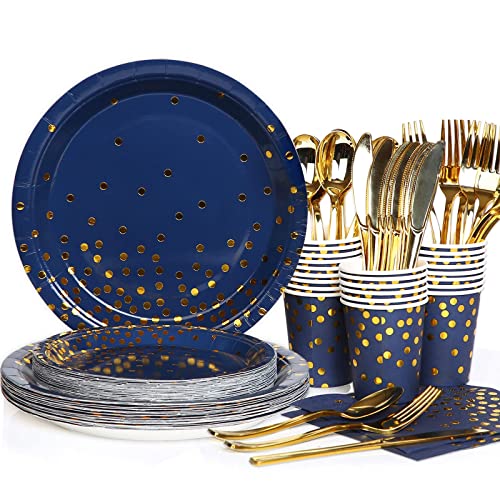 168PCS Royal Blue and Gold Plates and Napkins Party Supplies,Navy Blue Disposable Paper Plates Tableware Set with Plates Cups Napkins Cutlery for Baby Shower,Birthday,Wedding,2023 Graduation Party