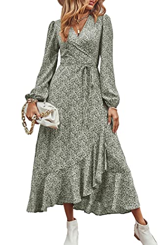 PRETTYGARDEN Women's Bohemian Dress Wrap V Neck Long Sleeve High Split Flowy Ruffle Floral Maxi Dress with Belt (Green, Medium)