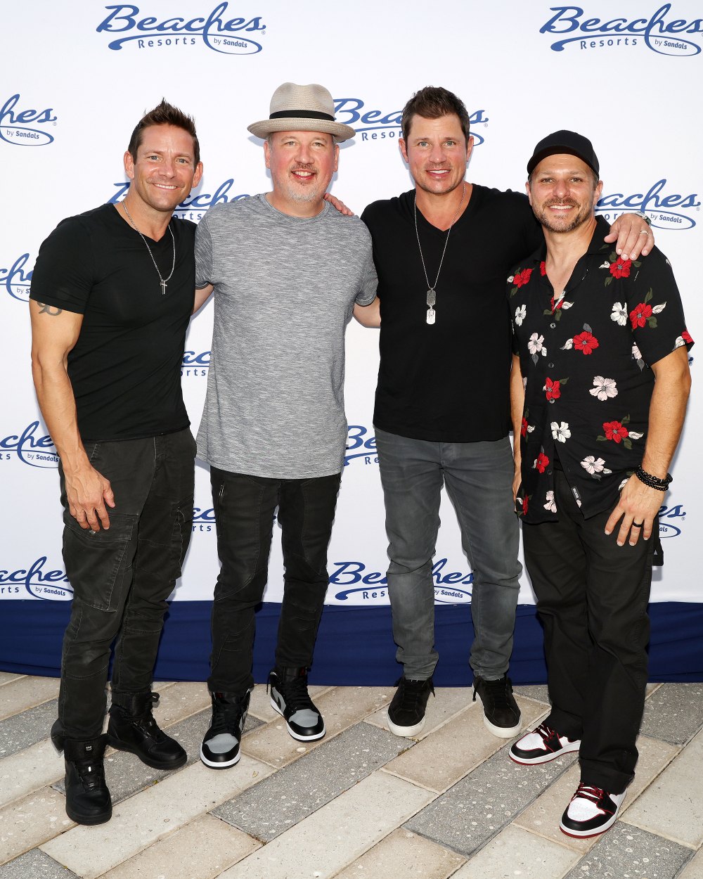 98 Degrees band members, from left, Justin Jeffre, Jeff Timmons, Nick  Lachey and Drew Lachey arrive to KTUphoria 2018 at Jones Beach Theater on  Saturday, June 16, 2018, in Wantagh, New York. (