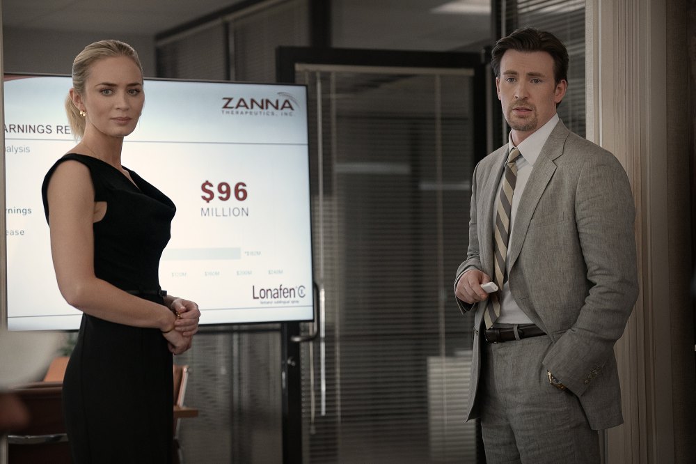Emily Blunt and Chris Evans in Pain Hustlers