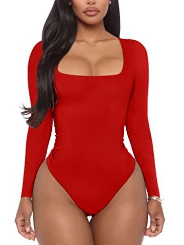 YMDUCH Women's Sexy Long Sleeve Square Neck Leotard Bodysuit Tops Jumpsuits Red