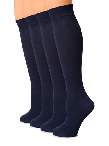 Hugh Ugoli Women Cotton Knee High Socks, Long Dress School Uniform Socks for Girls, Soft & Lightweight Boot Socks, Shoe Size: 5-8, Navy Blue, 4 Pairs