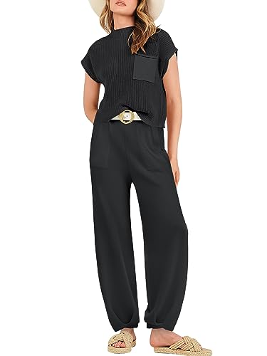 ANRABESS Women's Two Piece Outfits Sweater Sets Knit Pullover Tops Casual Pants Matching Lounge Sets 2023 Spring Summer Fashion Clothes Tracksuit Sweatsuit 953heise-M