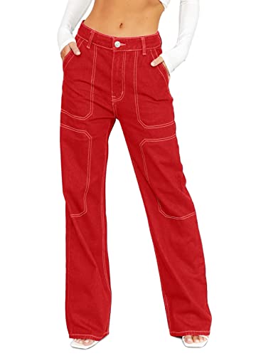 Sidefeel Women Wide Leg Cargo Jeans High Waisted Jeans for Women Stretch Cargo Denim Pantss Size 6 Red