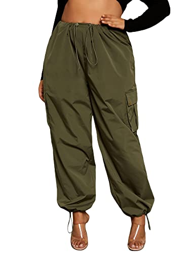 Verdusa Women's Plus Size Drawstring Elastic Waist Loose Cargo Pant Long Trousers Army Green 2XL